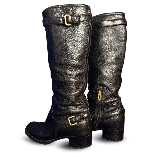 Prada Black Leather Mid-Calf Riding Boots EU 40 / US 9.5 Gold Buckle Detail - Picture 7 of 10